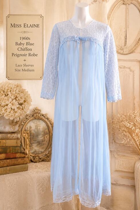 Miss Elaine Other - Vintage Miss Elaine 1960s Baby Blue Chiffon Peignoir Robe Lace Sleeves Medium